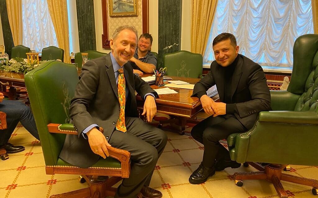 Times of Israel's editor David Horovitz interviews Ukraine's President Volodymyr Zelensky at his presidential office in Kyiv, January 18, 2020 (Press service of the Office of the President of Ukraine) Times of Israel's editor David Horovitz interviews Ukraine's President Volodymyr Zelensky at his presidential office in Kyiv, January 18, 2020 (Press service of the Office of the President of Ukraine)