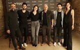 Yaakov Zada Daniel (far left), Idan Amedi, Lucy Ayoub, Lior Raz, Doron Ben-David and Rona-Lee Shim'on (far right) at a March 6, 2022 press conference about the upcoming fourth season of 'Fauda.' (Courtesy Rafi Daluya)