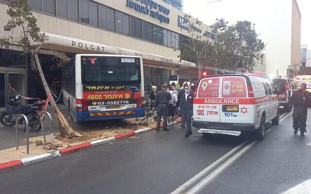 Medics at the scene of a bus crash in Tel Aviv, March 13, 2022. (Magen David Adom) Medics at the scene of a bus crash in Tel Aviv, March 13, 2022. (Magen David Adom)