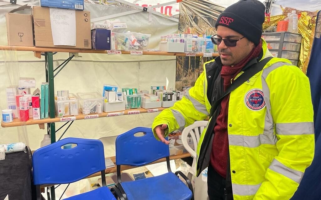 Rahamim Natan, an Israeli volunteer at the border crossing between Poland and Ukraine, at Medyka, Poland, March 15, 2022. (Carrie Keller-Lynn/The Times of Israel)