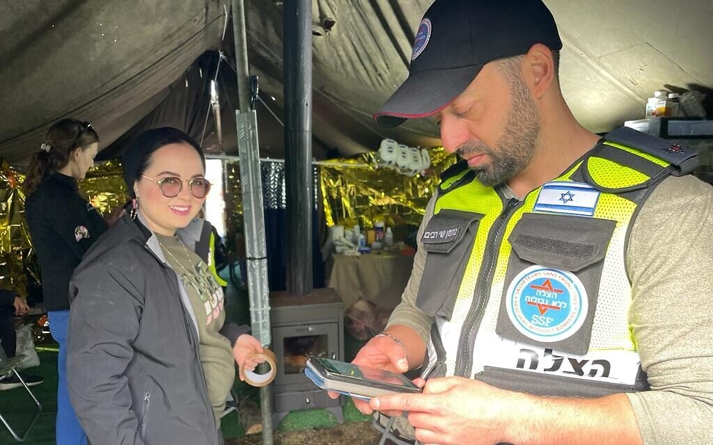 Israeli aid workers at the border crossing between Poland and Ukraine, at Medyka, Poland, March 15, 2022. (Carrie Keller-Lynn/The Times of Israel)
