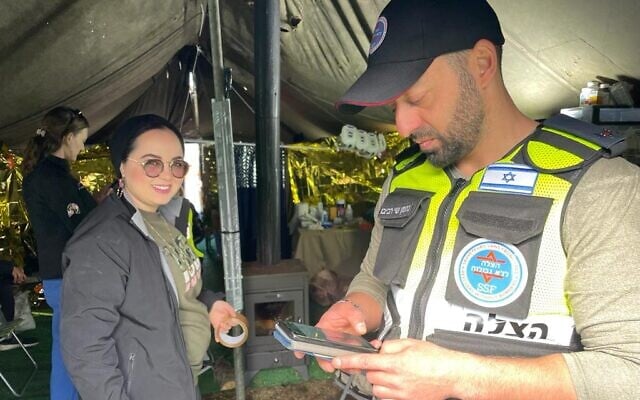 Israeli aid workers at the border crossing between Poland and Ukraine, at Medyka, Poland, March 15, 2022. (Carrie Keller-Lynn/The Times of Israel)