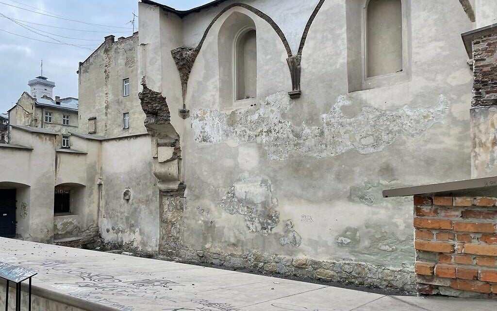 Surviving walls of the Golden Rose / Turei Zehav synagogue, in Lviv, Ukraine, March 16, 2022. (Carrie Keller-Lynn/The Times of Israel)
