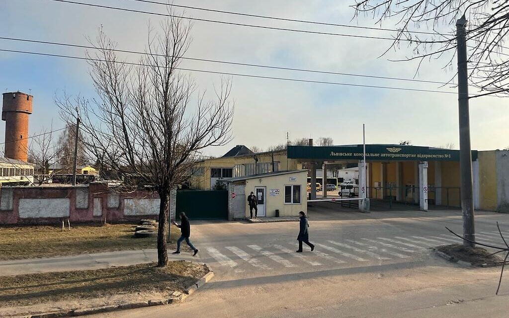 The entrance to the Lviv public bus company facility damaged by Russian airstrikes, Lviv, Ukraine, March 18, 2022. (Carrie Keller-Lynn/The Times of Israel)