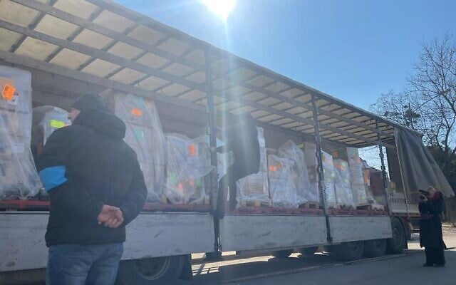 A truck of equipment sent from Israel arriving at the field hospital being established in Mostyska, Ukraine. on March 19, 2022. (Carrie Keller-Lynn/The Times of Israel) A truck of equipment sent from Israel arriving at the field hospital being established in Mostyska, Ukraine. on March 19, 2022. (Carrie Keller-Lynn/The Times of Israel)