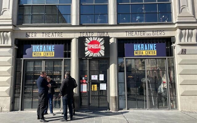 Pravda, a taproom turned headquarters for Ukraine' state media resource center to journalists, faces Lviv's city hall in popular Market Square, Lviv, Ukraine, March 19, 2022. (Carrie Keller-Lynn/The Times of Israel) Pravda, a taproom turned headquarters for Ukraine' state media resource center to journalists, faces Lviv's city hall in popular Market Square, Lviv, Ukraine, March 19, 2022. (Carrie Keller-Lynn/The Times of Israel)