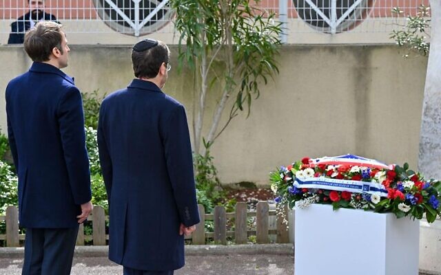 President Isaac Herzog (R) and his French counterpart Emmanuel Macron attend a memorial ceremony at the Ozar Hatorah school in Toulouse, France, to mark 10 years since four people were killed in a terror attack there, on March 20, 2022. (Kobi Gideon/GPO) President Isaac Herzog (R) and his French counterpart Emmanuel Macron attend a memorial ceremony at the Ozar Hatorah school in Toulouse, France, to mark 10 years since four people were killed in a terror attack there, on March 20, 2022. (Kobi Gideon/GPO)