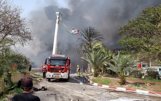 A large fire is seen burning at a warehouse in the Jordan Valley, March 29, 2022. (Israel Fire and Rescue Services) A large fire is seen burning at a warehouse in the Jordan Valley, March 29, 2022. (Israel Fire and Rescue Services)