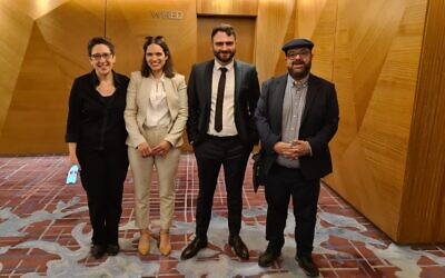 Members of the Adalah rights group delegation are seen in Jordan after meeting with a United Nations probe into war crimes in the Israeli-Palestinian conflict on March 31, 2022. (Courtesy: Adalah)
