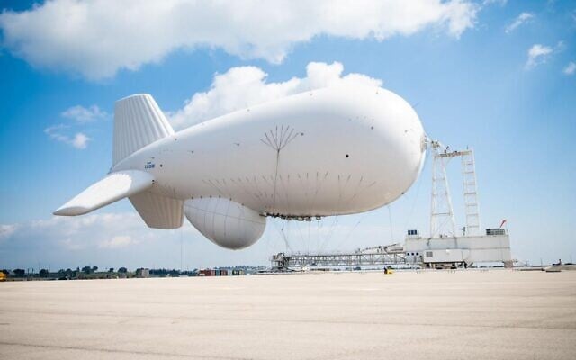 A massive blimp containing an advanced radar system to detect incoming missiles and drones, as seen at a ceremony in northern Israel, March 22, 2021. (Israel Defense Forces)