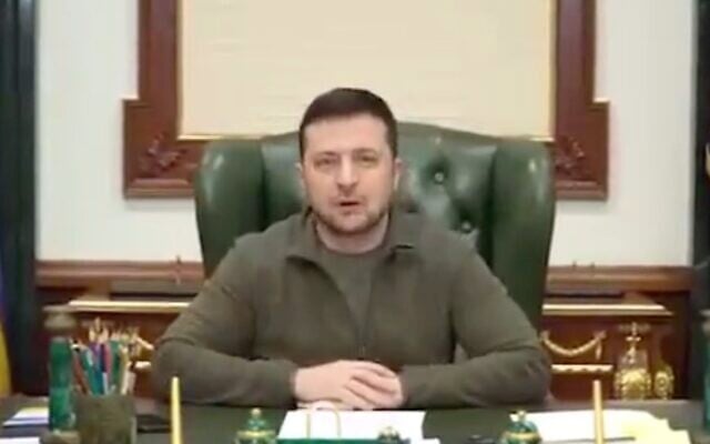 Screen capture from video of Ukrainian President Volodymyr Zelensky speaking from his office at the presidential palace in embattled Kyiv, on March 8, 2022. (Twitter) Screen capture from video of Ukrainian President Volodymyr Zelensky speaking from his office at the presidential palace in embattled Kyiv, on March 8, 2022. (Twitter)