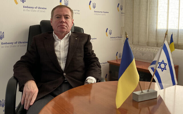 Ukrainian Ambassador to Israel Yevgen Korniychuk, interviewed at his country's embassy in Tel Aviv, March 22, 2022. (Times of Israel) Ukrainian Ambassador to Israel Yevgen Korniychuk, interviewed at his country's embassy in Tel Aviv, March 22, 2022. (Times of Israel)