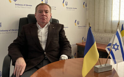 Ukrainian Ambassador to Israel Yevgen Korniychuk, interviewed at his country's embassy in Tel Aviv, March 22, 2022 (Times of Israel)