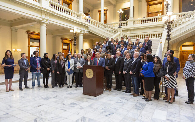 Georgia Governor Brian Kemp speaks at the launch of the Georgia-Israel Legislative Caucus at the Georgia State Capitol on March 24, 2022. (Israeli Consulate General to the US Southeast) Georgia Governor Brian Kemp speaks at the launch of the Georgia-Israel Legislative Caucus at the Georgia State Capitol on March 24, 2022. (Israeli Consulate General to the US Southeast)