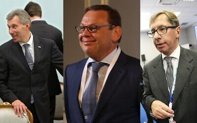 Left to right: German Khan (government.ru), Mikhail Fridman (Mikhail Svetlov/Getty Images via JTA), and Petr Aven (Alexander Aleshkin/Epsilon/Getty Images via JTA)