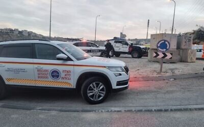 Medics are seen at Hizme checkpoint in the West Bank, north of Jerusalem, on March 2, 2022. (Rescuers Without Borders)