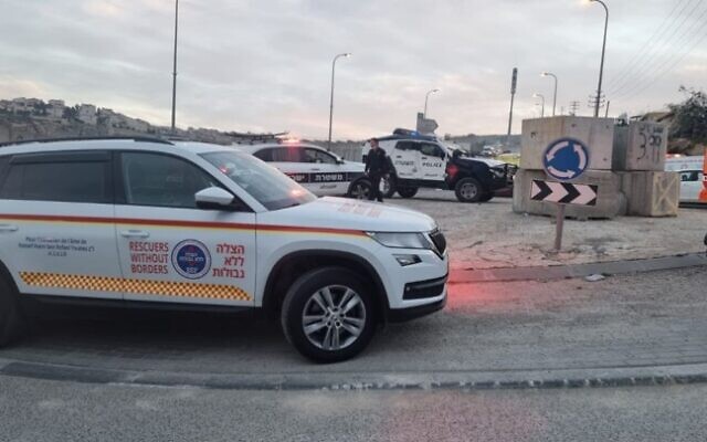 Medics are seen at Hizme checkpoint in the West Bank, north of Jerusalem, on March 2, 2022. (Rescuers Without Borders)