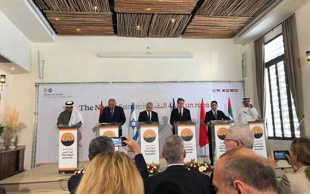 The top diplomats of Israel, the US, Morocco, Egypt, Bahrain and the UAE shake hands hold a press conference at the Negev Summit on March 28, 2022 (Lazar Berman) The top diplomats of Israel, the US, Morocco, Egypt, Bahrain and the UAE shake hands hold a press conference at the Negev Summit on March 28, 2022 (Lazar Berman)