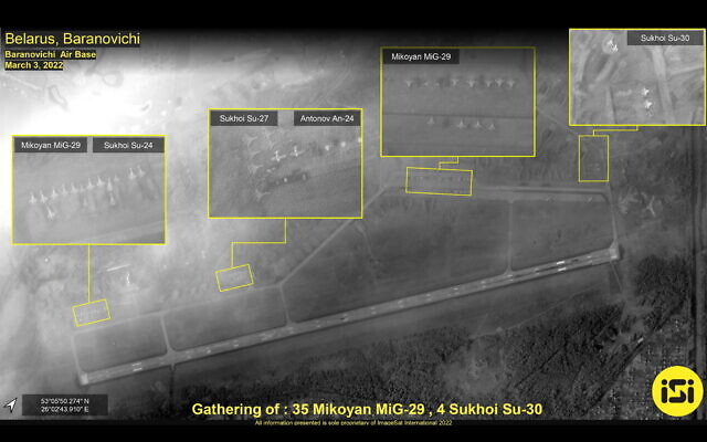 A satellite photo provided by ImageSat International (ISI) shows aircraft at bases near the Ukraine border, on March 3, 2022. (Courtesy of ISI) A satellite photo provided by ImageSat International (ISI) shows aircraft at bases near the Ukraine border, on March 3, 2022. (Courtesy of ISI)
