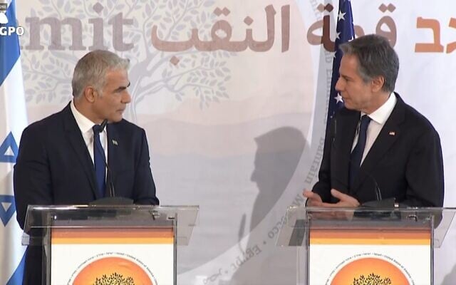 Foreign Minister Yair Lapid and US Secretary of State Antony Blinken address the Negev Summit, March 28, 2022 (GPO screenshot) Foreign Minister Yair Lapid and US Secretary of State Antony Blinken address the Negev Summit, March 28, 2022 (GPO screenshot)