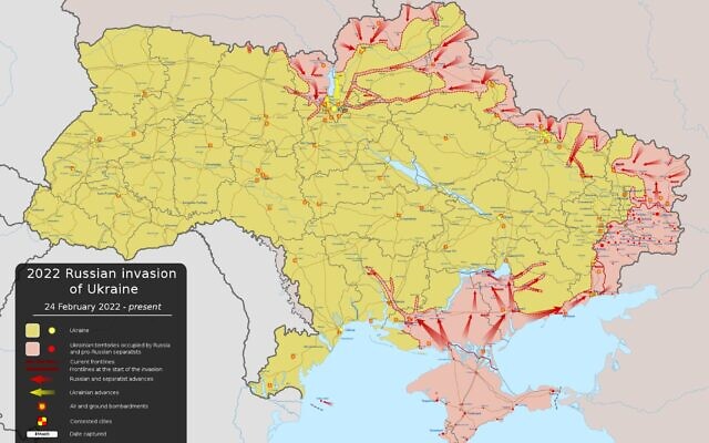 Map of the Russian invasion of Ukraine, as of March 10, 2022. (Viewsridge/Wikipedia commons) Map of the Russian invasion of Ukraine, as of March 10, 2022. (Viewsridge/Wikipedia commons)