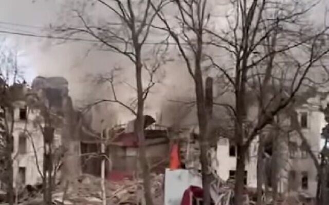 The bombed Mariupol theater in Ukraine on March 16, 2022. (Screen capture: @Mariupolnow)