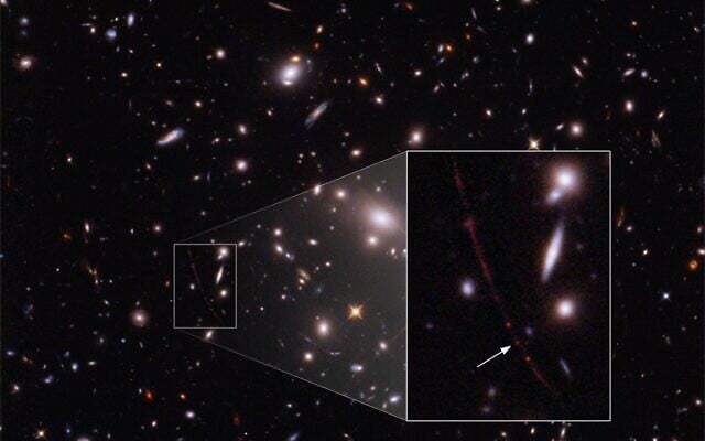 A highly magnified image of the star Earendel. The collection of yellow-looking galaxies form the massive galaxy-cluster lens that magnifies background objects lying behind it. The inset shows the highly magnified red galaxy, host to Earendel, stretched into an arc due to lensing, and the highly magnified star is marked with a white arrow. (NASA, ESA, Brian Welch, Dan Coe) A highly magnified image of the star Earendel. The collection of yellow-looking galaxies form the massive galaxy-cluster lens that magnifies background objects lying behind it. The inset shows the highly magnified red galaxy, host to Earendel, stretched into an arc due to lensing, and the highly magnified star is marked with a white arrow. (NASA, ESA, Brian Welch, Dan Coe)