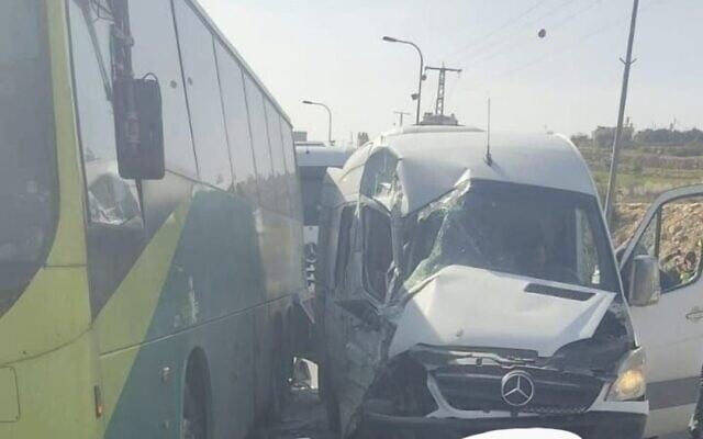 The scene of a car crash near the West Bank town of Halhul, after stones are thrown at a bus, March 31, 2022. (Rescuers Without Borders) The scene of a car crash near the West Bank town of Halhul, after stones are thrown at a bus, March 31, 2022. (Rescuers Without Borders)