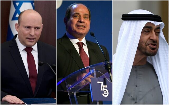 (From R-L) Prime Minister Naftali Bennett, Egyptian President Abdel-Fattah el-Sissi, and UAE Crown Prince Mohammed bin Zayed. (Collage/AP) (From R-L) Prime Minister Naftali Bennett, Egyptian President Abdel-Fattah el-Sissi, and UAE Crown Prince Mohammed bin Zayed. (Collage/AP)