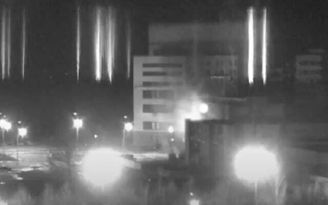 A still from a video showing a building on fire at the Zaporizhzhya nuclear power plant in Ukraine on March 2, 2022. (Screen capture: YouTube) A still from a video showing a building on fire at the Zaporizhzhya nuclear power plant in Ukraine on March 2, 2022. (Screen capture: YouTube)