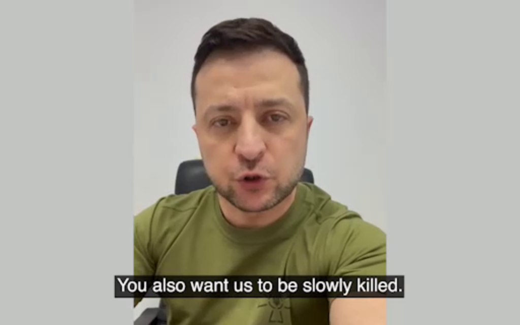 Ukraine's President Volodymyr Zelensky in a video address posted to Telegram, on March 6, 2022. (Screenshot)