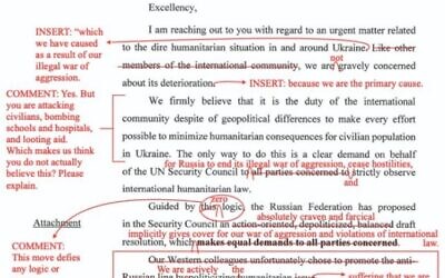 A screenshot shows Canada's mock suggestions to Russia to amend its proposed resolution on Ukraine, in which Moscow ostensibly admits to military aggression and disdain for human lives. (Screenshot)