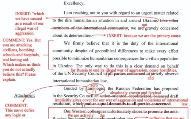 A screenshot shows Canada's mock suggestions to Russia to amend its proposed resolution on Ukraine, in which Moscow ostensibly admits to military aggression and disdain for human lives. (Screenshot) A screenshot shows Canada's mock suggestions to Russia to amend its proposed resolution on Ukraine, in which Moscow ostensibly admits to military aggression and disdain for human lives. (Screenshot)