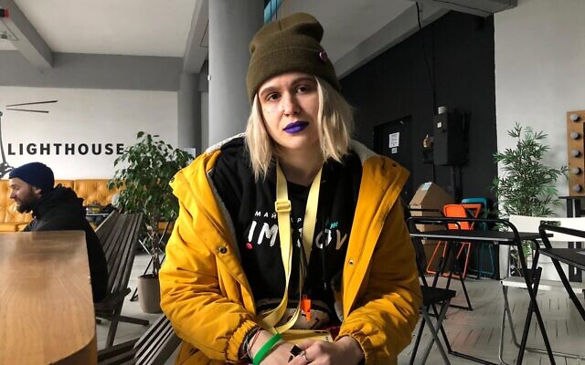 Improv performer Victoria Butelenko, on March 8, 2022. (Lazar Berman/The Times of Israel)
