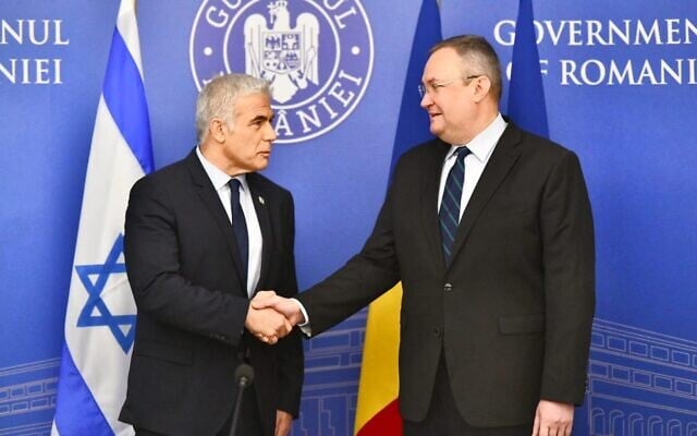 Foreign Minister Yair Lapid meets Romanian Prime Minister Nicolae Ciucă in Bucharest, March 13, 2022 (Shlomi Amsalem/GPO) Foreign Minister Yair Lapid meets Romanian Prime Minister Nicolae Ciucă in Bucharest, March 13, 2022 (Shlomi Amsalem/GPO)