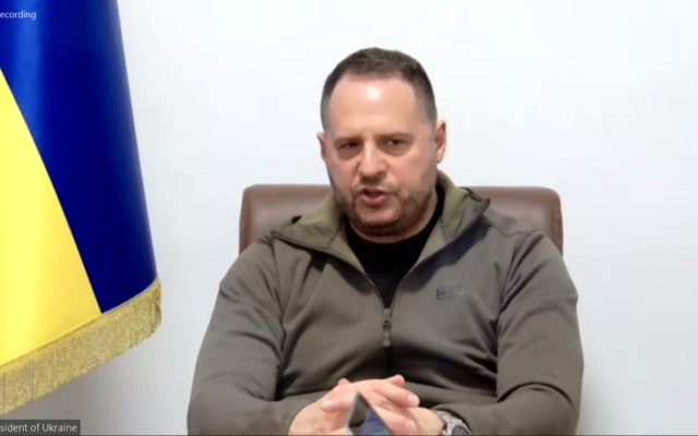 Andriy Yermak, chief of staff to Ukrainian President Vlodymyr Zelensky, speaks to Israeli reporters, March 24, 2022 (screenshot) Andriy Yermak, chief of staff to Ukrainian President Vlodymyr Zelensky, speaks to Israeli reporters, March 24, 2022 (screenshot)