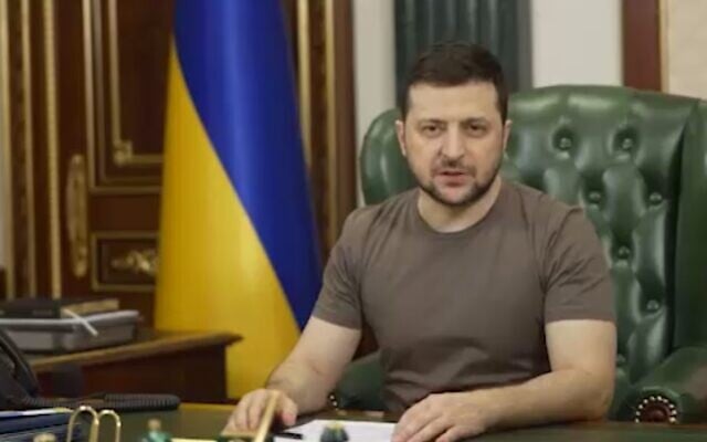 Ukrainian President Volodymyr Zelensky during a nightly address on March 15, 2022. (Screen capture: Telegram) Ukrainian President Volodymyr Zelensky during a nightly address on March 15, 2022. (Screen capture: Telegram)