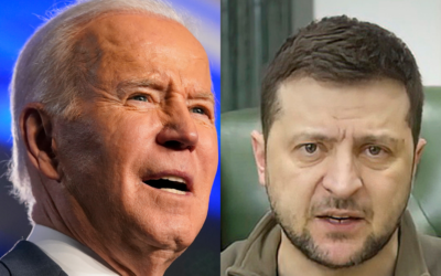 US President Joe Biden (left) speaks at the House Democratic Caucus Issues Conference in Philadelphia, on March 11, 2022; Ukrainian President Volodymyr Zelensky (right) speaks in Kyiv, Ukraine, on March 12, 2022. (AP Photo/Patrick Semansky; Ukrainian Presidential Press Office via AP)