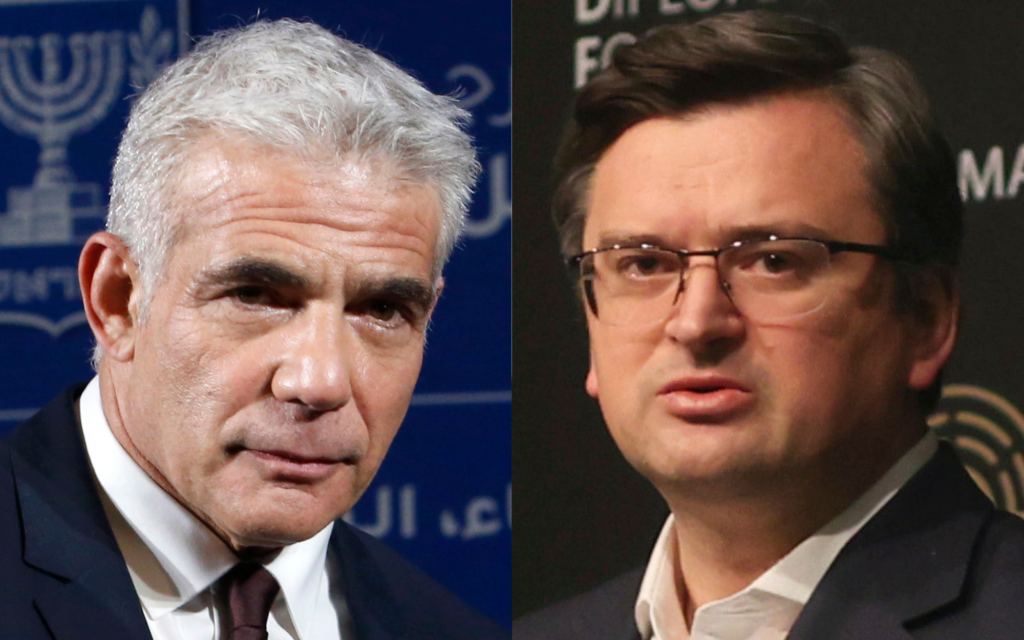 Prime Minister Yair Lapid, left; and Ukraine's Foreign Minister Dmytro Kuleba, right. (AP Photo/Abdeljalil Bounhar; AP)