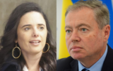 Interior Minister Ayelet Shaked, right, arrives to attend a cabinet meeting in Jerusalem, March 14, 2022. Ukraine's ambassador to Israel, Yevgen Korniychuk, right, gives a statement to the media in Tel Aviv, February 25, 2022. (JACK GUEZ / POOL / AFP); (Avshalom Sassoni‎‏/Flash90)