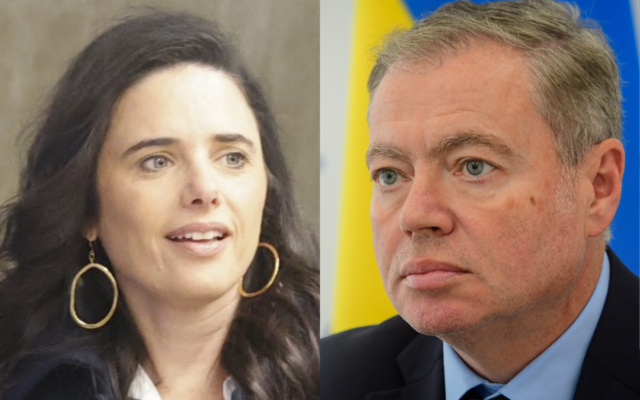 Interior Minister Ayelet Shaked, right, arrives to attend a cabinet meeting in Jerusalem, March 14, 2022. Ukraine's ambassador to Israel, Yevgen Korniychuk, right, gives a statement to the media in Tel Aviv, February 25, 2022. (JACK GUEZ / POOL / AFP); (Avshalom Sassoni/Flash90) Interior Minister Ayelet Shaked, right, arrives to attend a cabinet meeting in Jerusalem, March 14, 2022. Ukraine's ambassador to Israel, Yevgen Korniychuk, right, gives a statement to the media in Tel Aviv, February 25, 2022. (JACK GUEZ / POOL / AFP); (Avshalom Sassoni/Flash90)