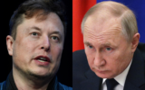 Tesla and SpaceX Chief Executive Officer Elon Musk (left) speaks at the SATELLITE Conference and Exhibition in Washington, Monday, March 9, 2020. Russian President Vladimir Putin (right) chairs a meeting with members of the government via teleconference in Moscow, Thursday, March 10, 2022. (AP Photo/Susan Walsh, File; (Mikhail Klimentyev, Sputnik, Kremlin Pool Photo via AP, File)