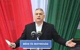 Hungarian Prime Minister Viktor Orban reacts on stage during the closing campaign session of the FIDESZ party, in Szekesfehervar, Hungary on April 1, 2022.(Attila KISBENEDEK/AFP)
