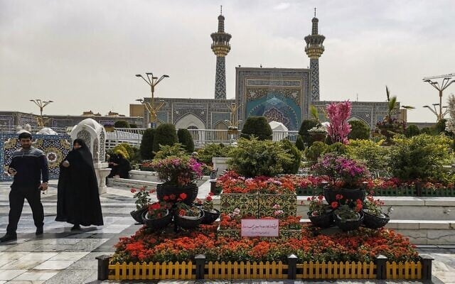 Iranians visit the spot in the courtyard of Imam Reza shrine in the northeastern city of Mashhad on April 6, 2022, where a day earlier a Muslim cleric was killed. (Hadis Faghiri/Fars News/AFP)