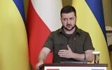 Ukraine's president Volodymyr Zelensky gestures as he attends a press conference with Austria's chancellor in Kyiv, on April 9, 2022. (Ronaldo Schemidt/AFP)