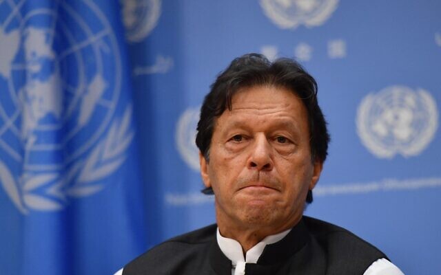 In this file photo taken on September 24, 2019, Pakistan's Prime Minister Imran Khan speaks during a press conference at the United Nations Headquarters in New York. (Angela Weiss / AFP) In this file photo taken on September 24, 2019, Pakistan's Prime Minister Imran Khan speaks during a press conference at the United Nations Headquarters in New York. (Angela Weiss / AFP)