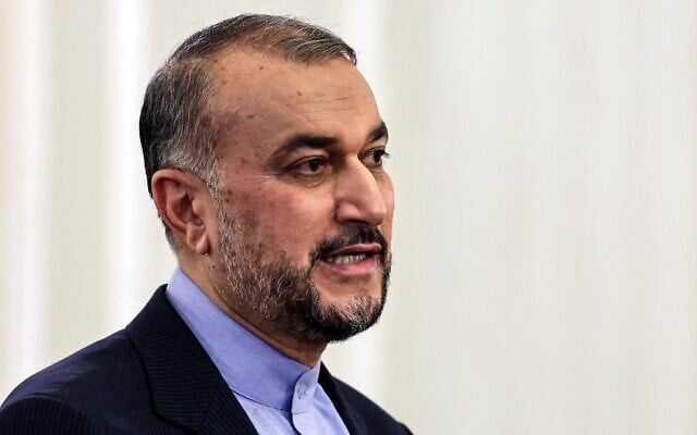 Iranian Foreign Minister Hossein Amir-Abdollahian gives a press conference after meeting his Iraqi counterpart at the foreign ministry headquarters in Iran's capital Tehran, on April 13, 2022. (Atta Kenare/AFP)