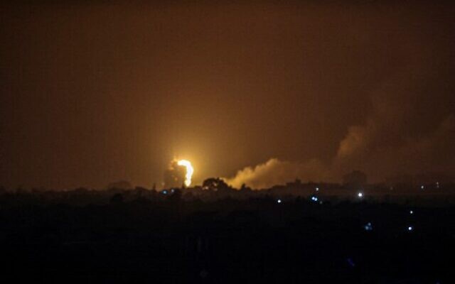 Flames and smoke rise during Israeli airstrikes in Rafah in the southern Gaza Strip, on April 19, 2022, after a rocket was fired from Gaza into Israel. (Said Khatib/AFP)