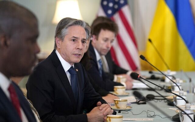 US Secretary of State Antony Blinken speaks during his meeting with Prime Minister of Ukraine Denys Shmyhal at the State Department in Washington, DC, on April 22, 2022. (Susan Walsh/Pool/AFP) US Secretary of State Antony Blinken speaks during his meeting with Prime Minister of Ukraine Denys Shmyhal at the State Department in Washington, DC, on April 22, 2022. (Susan Walsh/Pool/AFP)