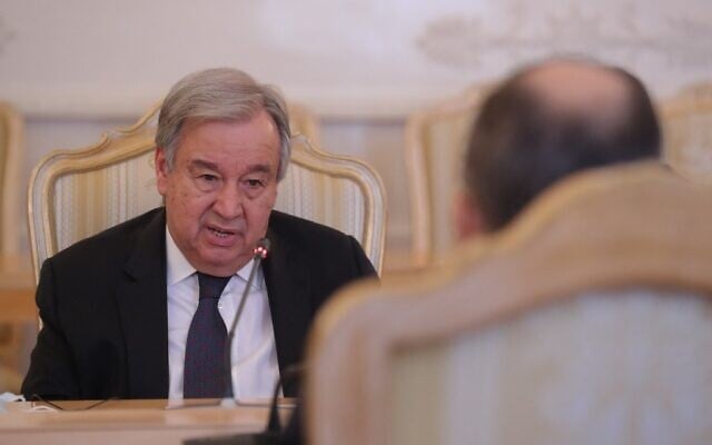 UN Secretary-General Antonio Guterres attends a meeting with Russian Foreign Minister Sergei Lavrov in Moscow, on April 26, 2022. (Maxim Shipenkov/Pool/AFP) UN Secretary-General Antonio Guterres attends a meeting with Russian Foreign Minister Sergei Lavrov in Moscow, on April 26, 2022. (Maxim Shipenkov/Pool/AFP)